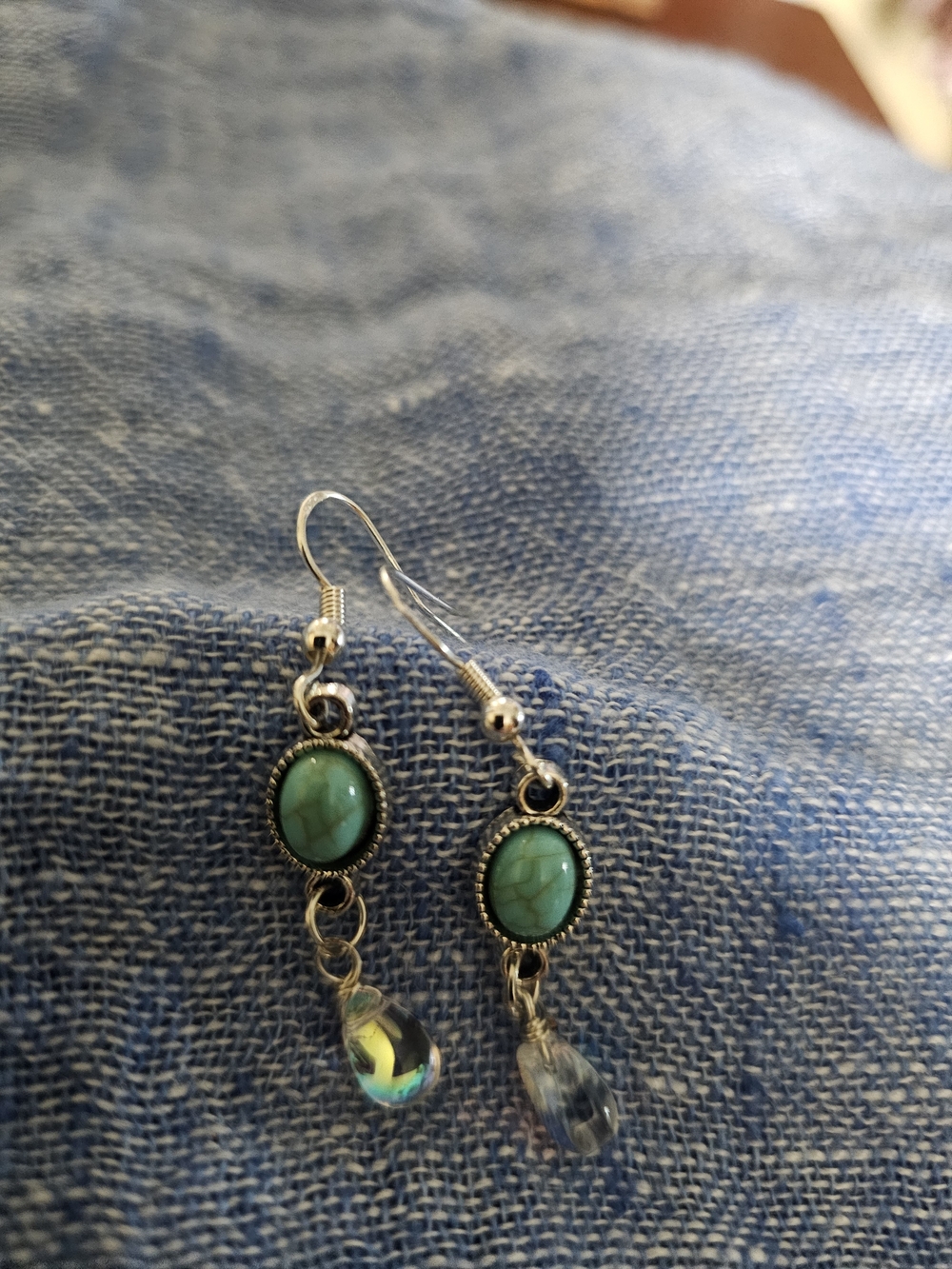 Hand Made Faux Turquoise AB Glass Teardrop Dangle Earrings - Sterling Backs